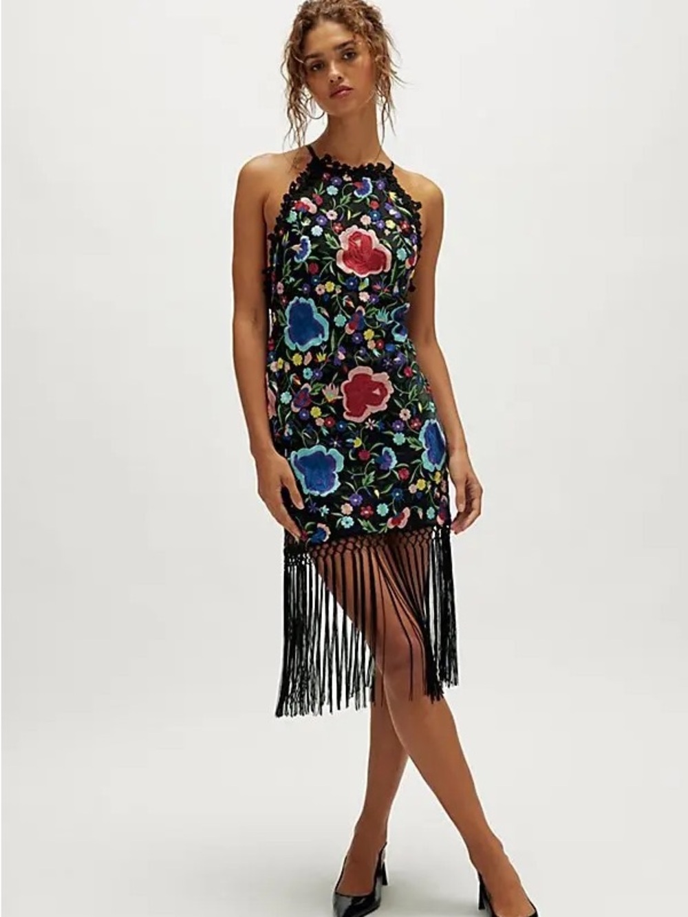 Free People Black Floral Halter Mini Dress with Fringe